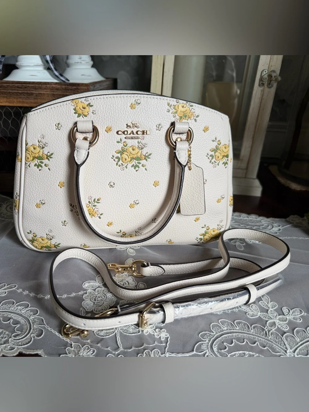 NWT Coach Cream Yellow Leather Floral Savannah Carryall Satchel Purse Handbag